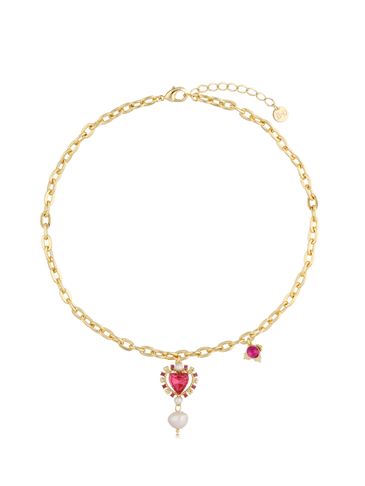 Naszyjnik złoty z różowym kryształowym sercem i perłami Nicole NS0028