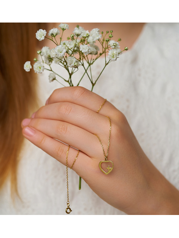 Naszyjnik złoty z serduszkiem i krzyżykiem Holy Heart NSE0154