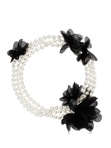 Naszyjnik czarny z perłami i kwiatami z satyny Bloom NBL0050