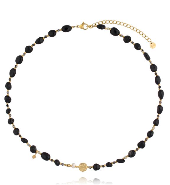 Naszyjnik z czarnego agatu, labradorytu i perły ze złotymi detalami NEA0084