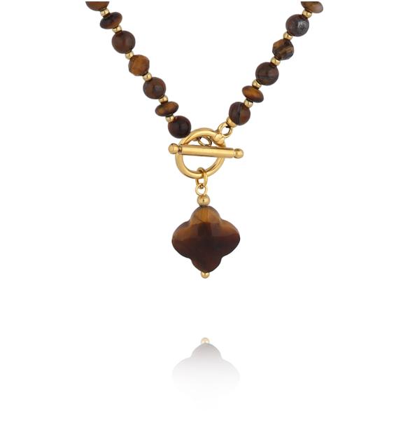 Naszyjnik z tygrysiego oka z zawieszką koniczynki NPA1625