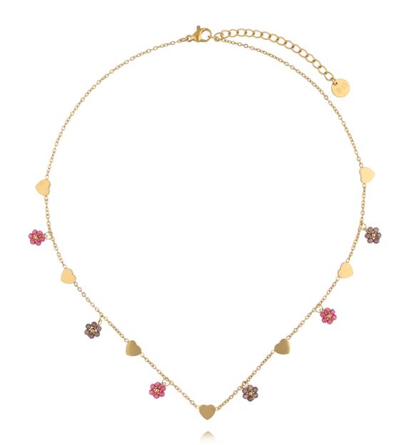 Naszyjnik z serduszkami i kolorowymi kwiatuszkami NTW1615
