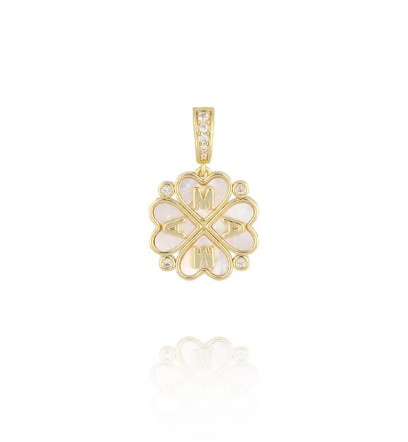 Charms złota koniczynka MAMA z masą perłową i kryształkami CHSS0019