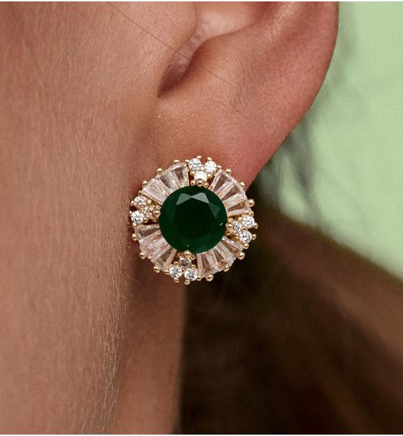 Kolczyki z zielonym kamieniem i promienistymi kryształkami KSS2241