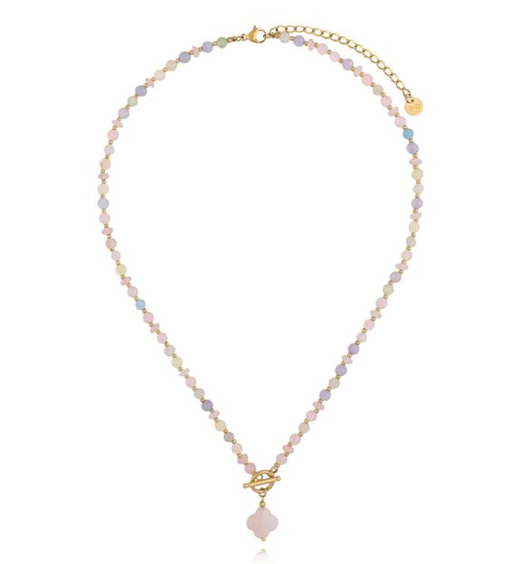 Naszyjnik z pastelowych kamieni naturalnych z zawieszką koniczynki NPA1608