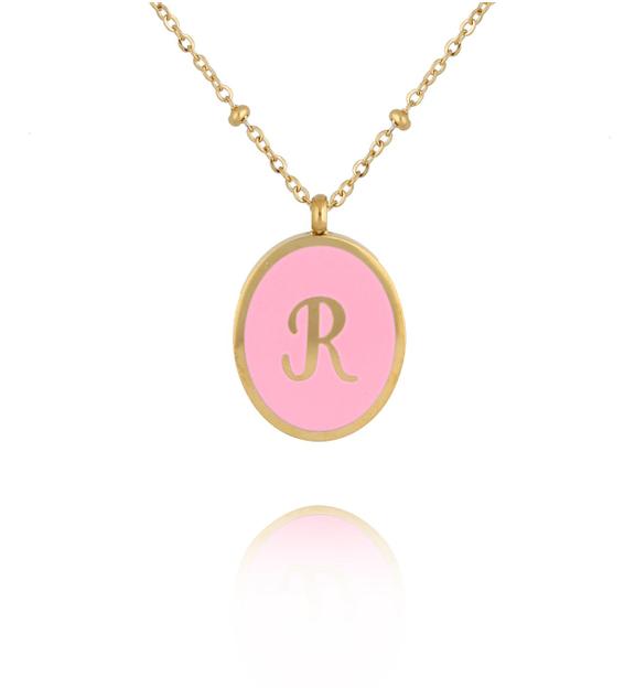 Naszyjnik z różową emalią z literą R Vintage Enamel Alphabet NSA1261