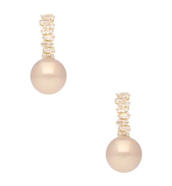 Kolczyki półokrągłe z perłą w odcieniu brzoskwini i cyrkoniami  złote KLU0206