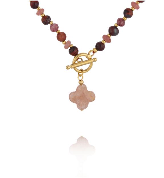Naszyjnik z kwarcu truskawkowego z zawieszką koniczynki NPA1624