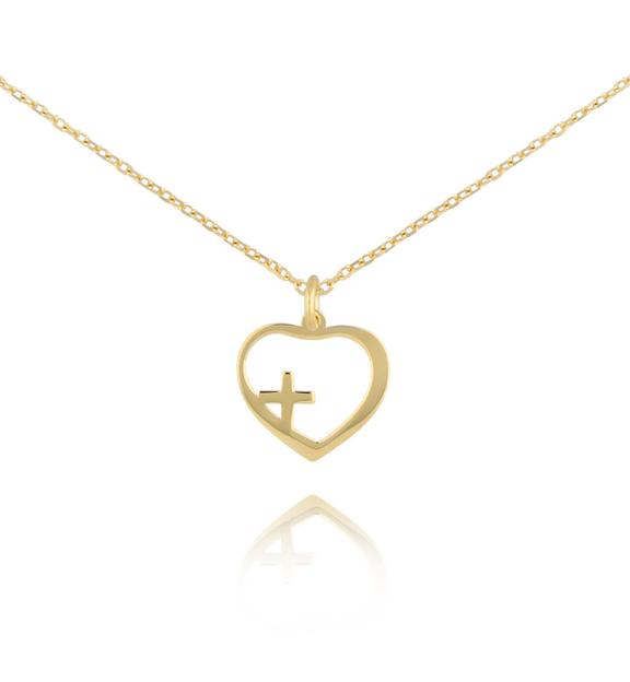 Naszyjnik złoty z serduszkiem i krzyżykiem Holy Heart NSE0154