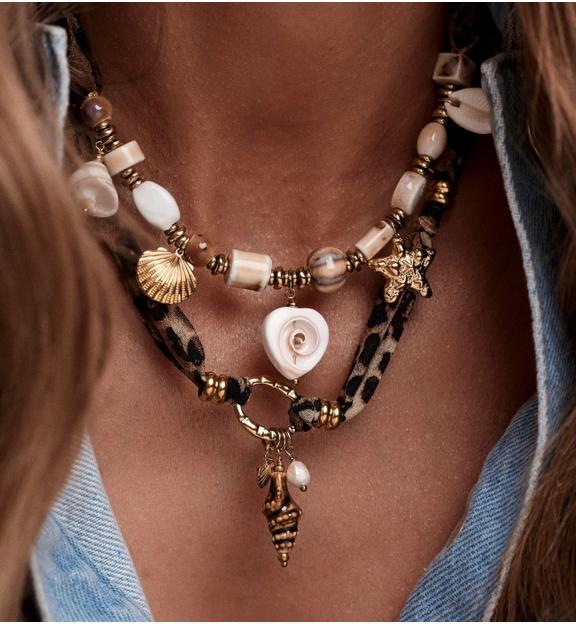 Naszyjnik z tkaniny w panterkę z muszlami i rozgwiazdą NSH0132