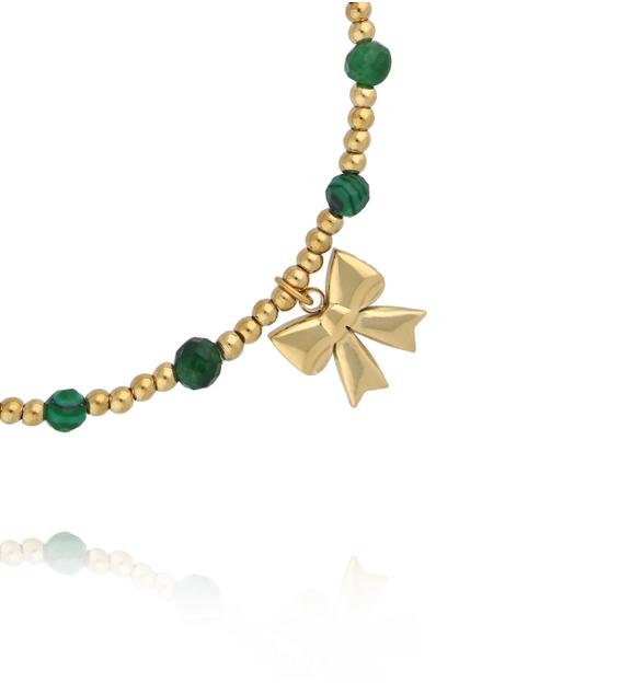 Bransoletka z malachitem, czerwonymi i czarnymi kamieniami ze złotą kokardką BTW3512