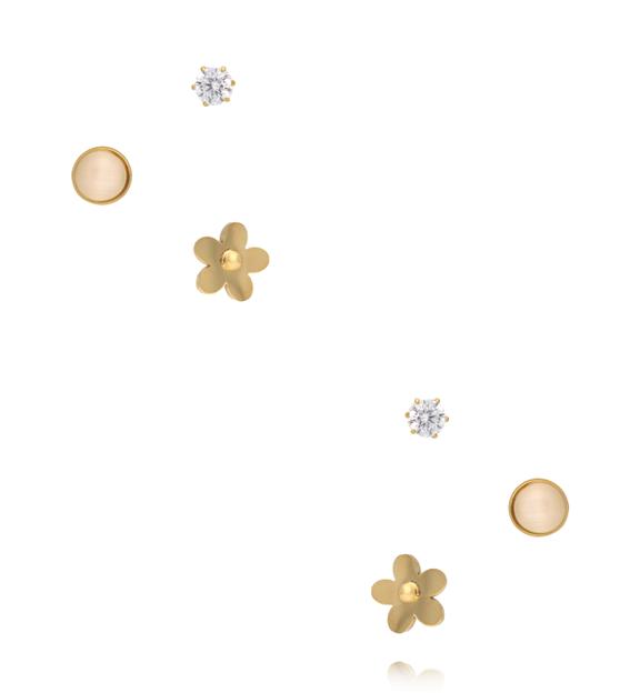 Zestaw kolczyków złoconych – kwiatek, perełkowe kółko i cyrkonia KSY0424