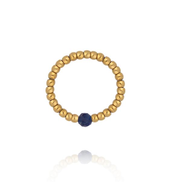 Pierścionek elastyczny ze złotych kuleczek z sodalitem PTW0610