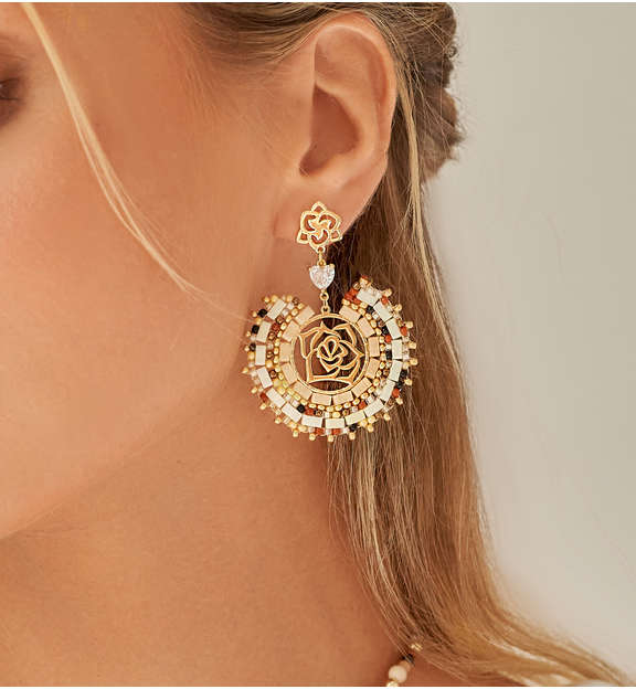 Kolczyki kremowo brazowe z różą Sanur KBI0005