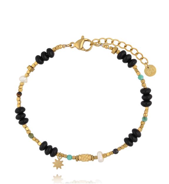 Bransoletka z czarnego agatu, turkusu afrykańskiego i masy perłowej ze złotą zawieszką BEA0084