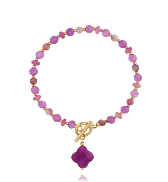 Bransoletka fioletowa z koniczynką i złotym zapięciem BPA0642