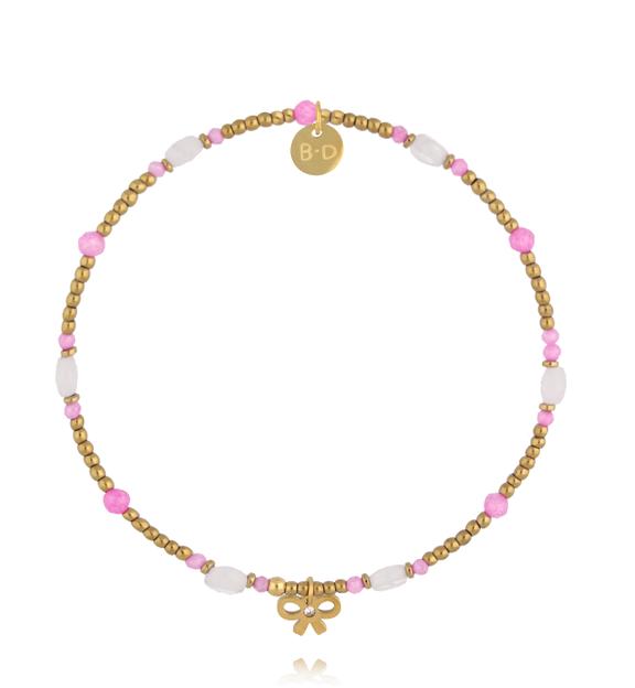Bransoletka z różowym kwarcem i złotą kokardką BTW3520