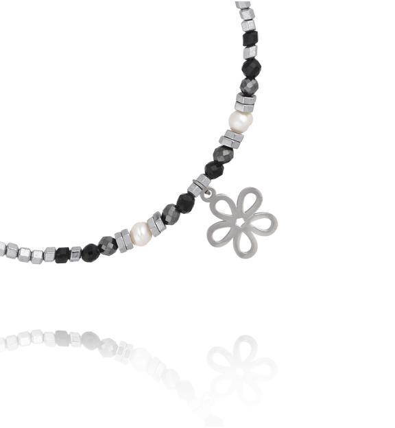 Bransoletka z hematytu, czarnego turmalinu i pereł z zawieszką kwiatka BTW3679