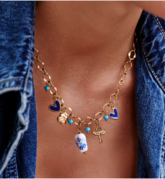 Naszyjnik z granatowymi i złotymi zawieszkami NSY0732