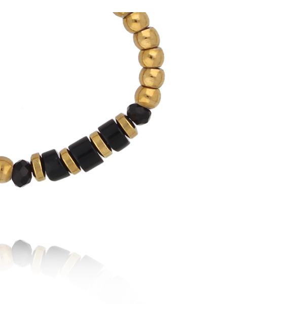 Pierścionek elastyczny ze złotych kuleczek z czarnym agatem PTW0627