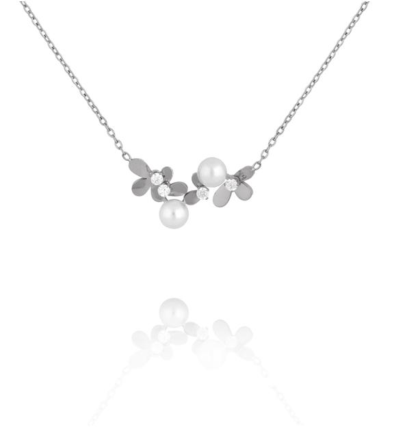 Naszyjnik z kwiatuszkami i perełkami srebrny NSY0871