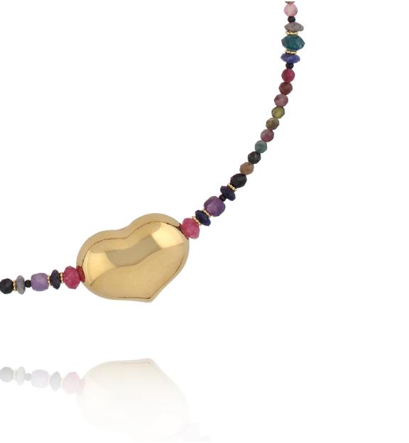 Naszyjnik z turmalinu, sodalitu i jadeitu z pozłacanym sercem NPA1546
