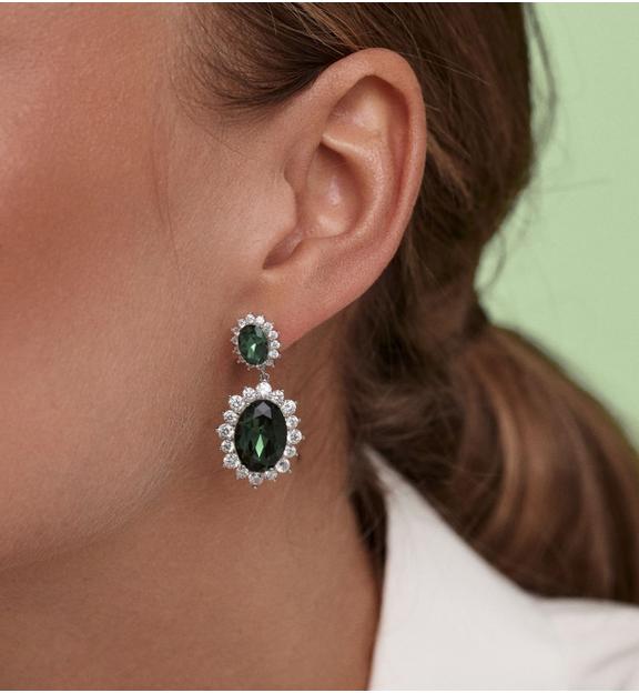 Kolczyki z zielonymi kryształami i cyrkoniami w srebrnym wykończeniu KSS2251