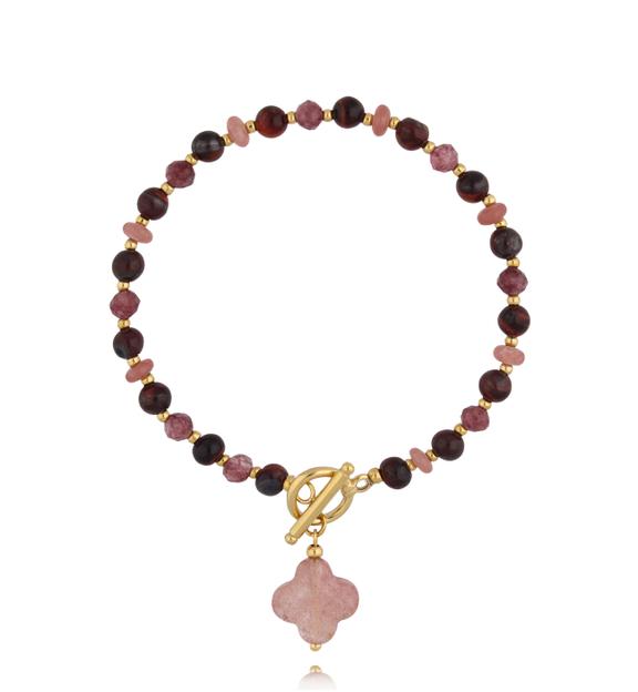 Bransoletka z tygrysiego oka i kwarcu truskawkowego z koniczynką BPA0653