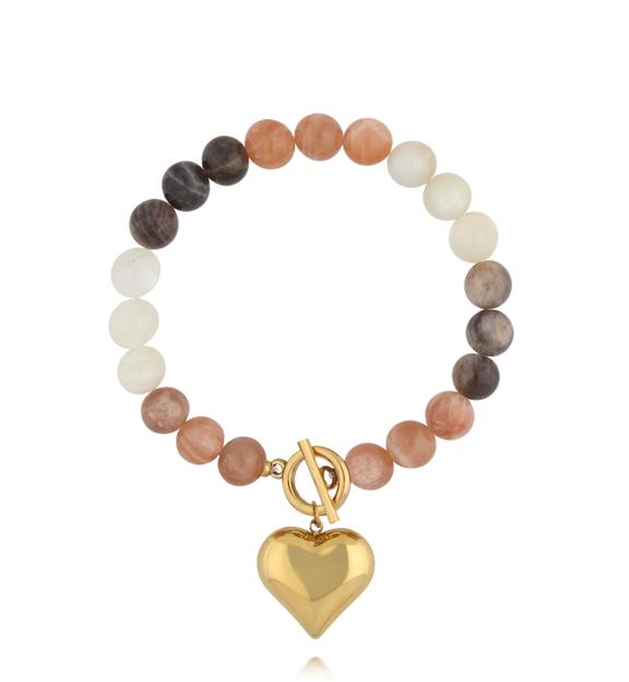 Bransoletka z kamienia księżycowego w odcieniach beżu ze złotym sercem BPA0606