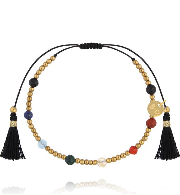 Bransoletka na czarnym sznurku z frędzlami i kamieniami naturalnymi BMT0357