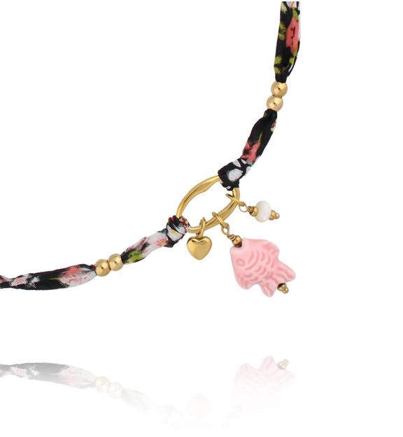 Naszyjnik z tkaniny w kwiatowy wzór z zawieszką rybki NSH0131