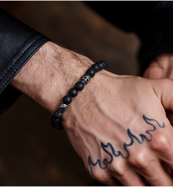 Bransoletka męska z lawą wulkaniczną i czaszkami Odin  BMITC0617