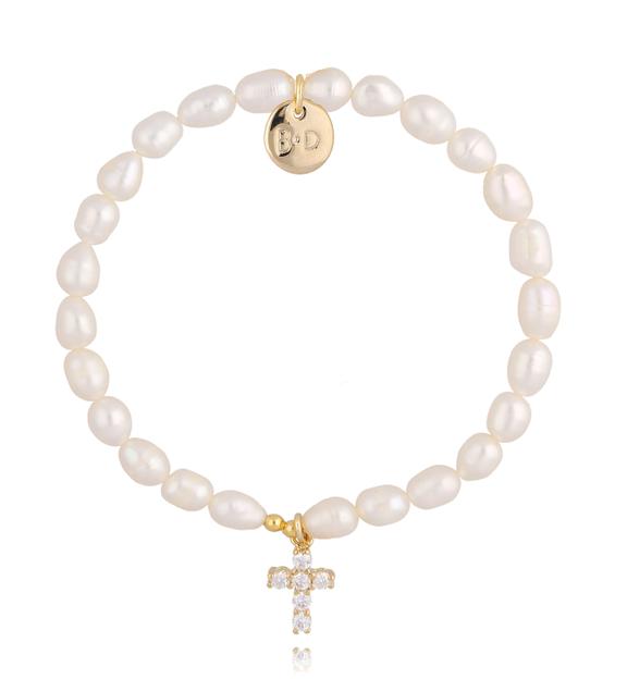 Bransoletka z pereł ze złotym krzyżykiem z cyrkoniami BPE0038