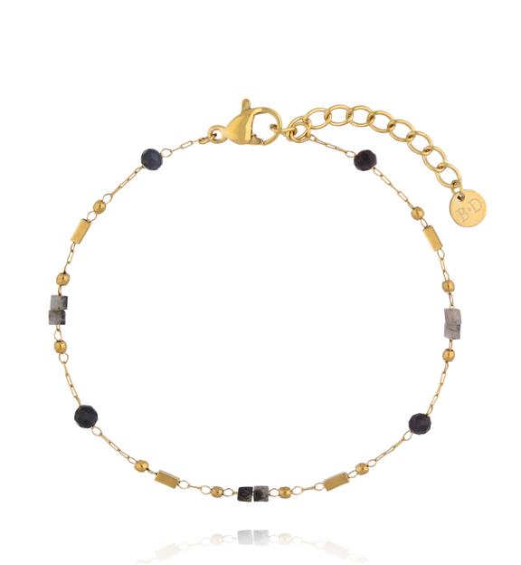 Bransoletka na złotym łańcuszku z czarnym agatem i labradorytem BEA0102