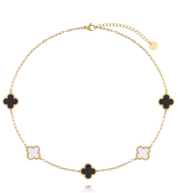 Naszyjnik złoty z czarnymi i białymi koniczynkami NSY0800