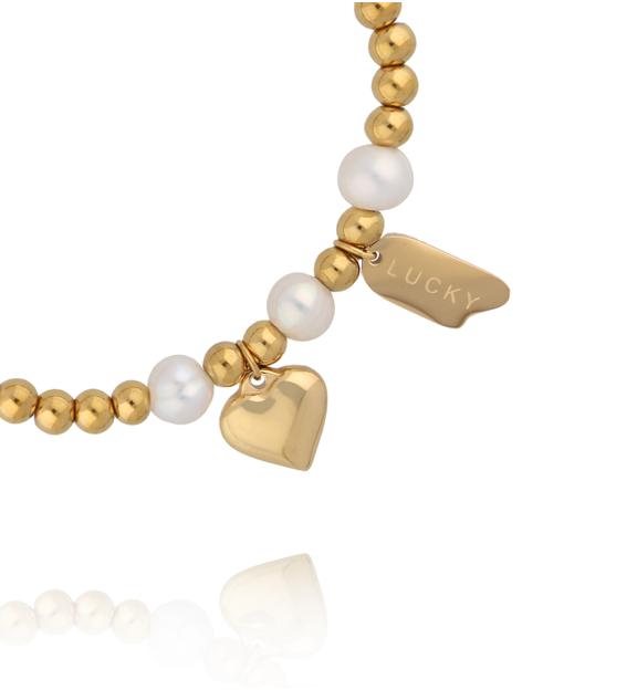Bransoletka z perełkami i złotymi kulkami z zawieszkami serca i „Lucky”  BSY0609