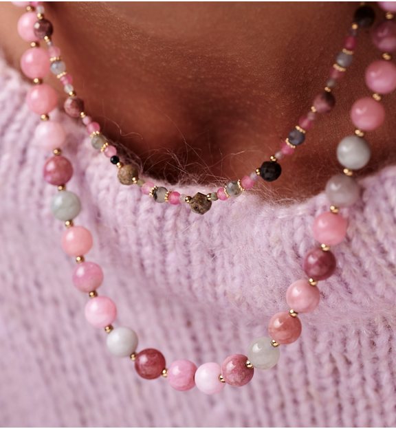 Naszyjnik z turmalinu, jadeitu fuksja i rodonitu z pozłacanymi detalami NTW1569