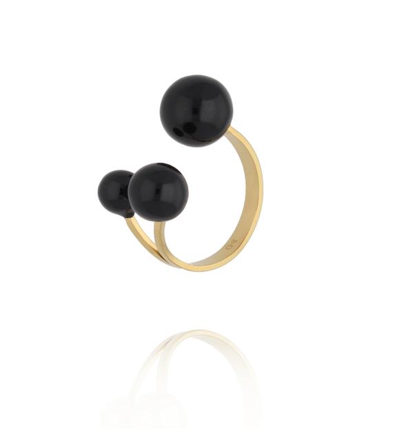Pierścionek z trzema kulami z czarną emalią PSA1180