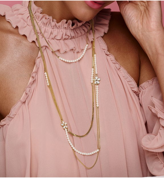 Naszyjnik kaskadowy z perełkami i złotymi łańcuszkami NS0352