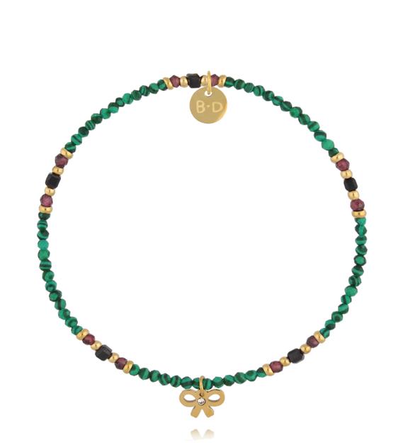 Bransoletka z malachitu, granatu i czarnego agatu ze złotą kokardką BTW3508