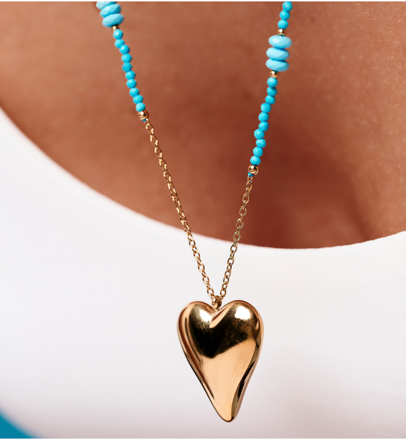 Naszyjnik z turkusu z pozłacanym sercem NPA1584