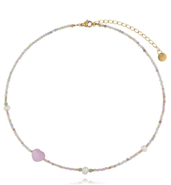 Naszyjnik z pastelowych kamieni naturalnych z serduszkiem i perłami NPA1445