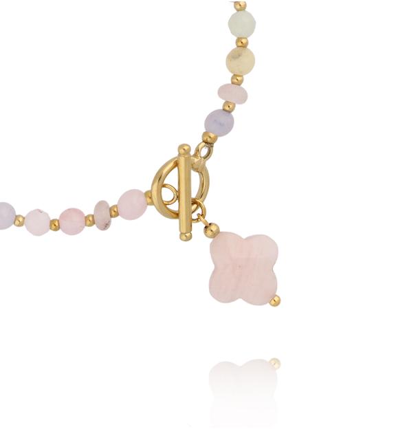 Bransoletka z morganitami z koniczynką i złotym zapięciem BPA0634