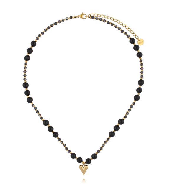 Naszyjnik z czarnego turmalinu i drobnych koralików z pozłacanym sercem NPA1594