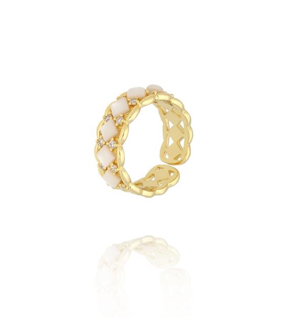 Pierścionek złocony regulowany z masą perłową i kryształami PSS0215