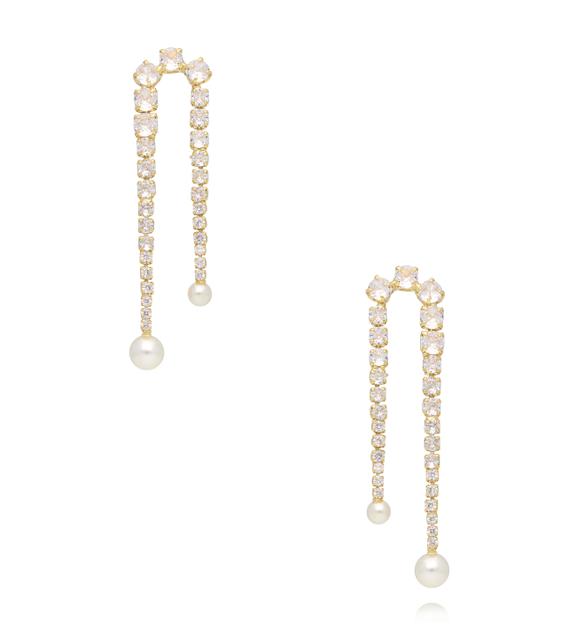 Kolczyki wiszące kryształki w złotej oprawie z perełkami KSS2370