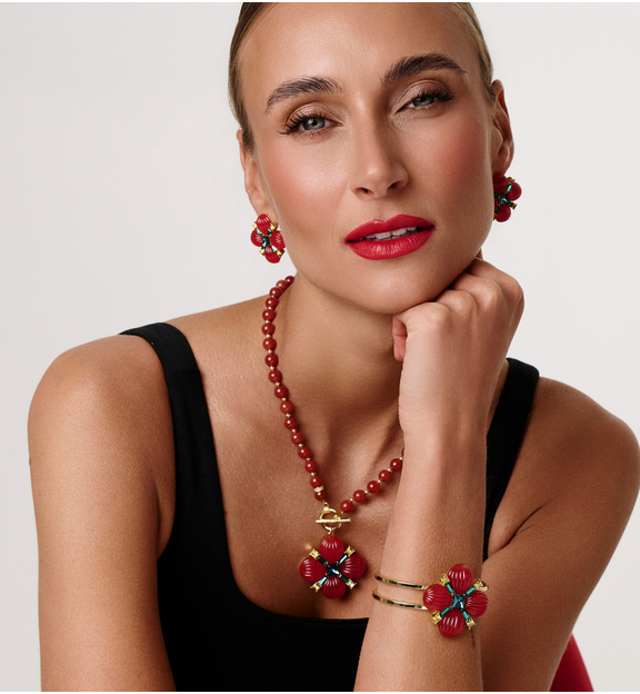 Zestaw biżuterii z czerwonym motywem kwiatowym ZN0161