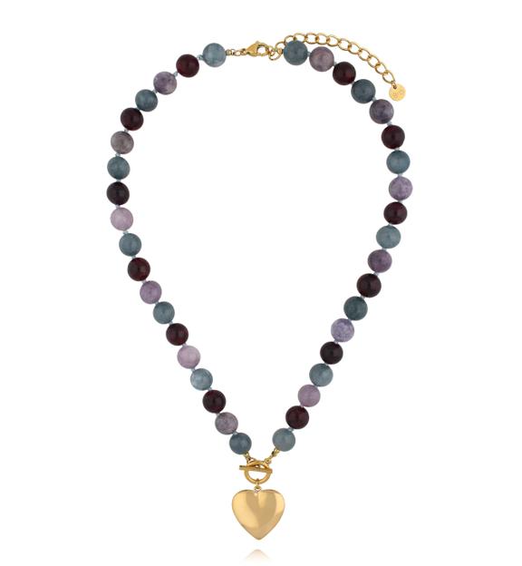Naszyjnik z kamieni w odcieniach granatu, szarości i fioletu z sercem NPA1527