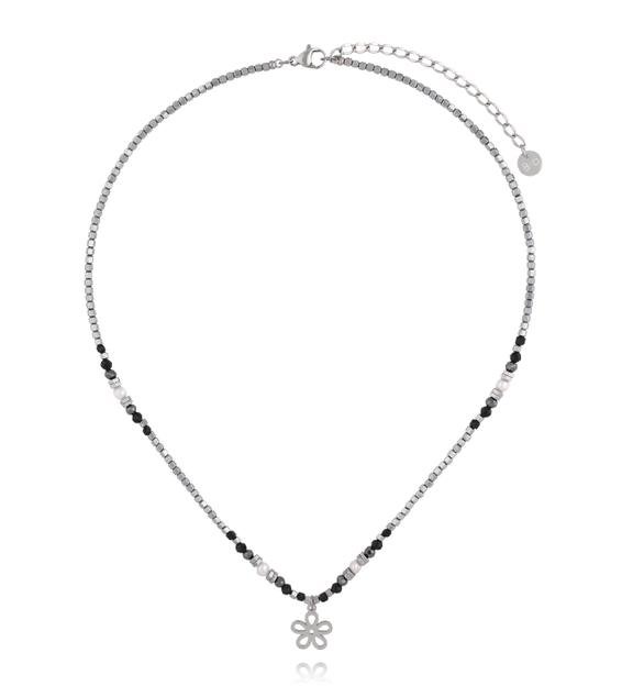 Naszyjnik z hematytu, czarnego turmalinu i pereł z zawieszką kwiatka NTW1618