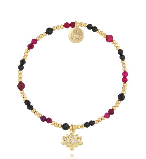 Bransoletka bordowo czarna z kwiatem lotosu BTW2799